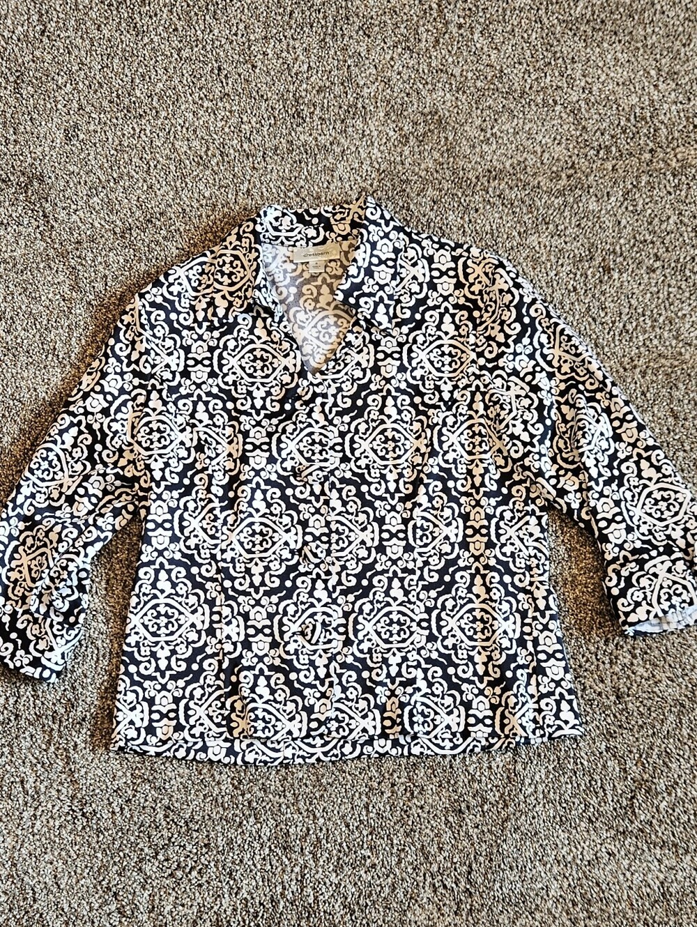 Dress Barn Navy & White Geometric Three-Quarter Button-Front Blouse